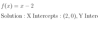 The f(x)=x-2 is X Intercepts: (2,0),Y Intercepts: (0,-2)